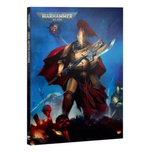 A 3D product view presenting the front cover and spine of Codex: Adeptus Custodes (Anglais) on a clean white background. The artwork depicts a majestic Custodian warrior clad in ornate golden armor, wearing a long flowing red cape and a helmet with a tall red plume, holding a guardian spear across his body. The silver "WARHAMMER 40,000" logo sits at the top center above a floating servo-skull, with skulls and battlefield ruins at the warrior's feet. The dark spine displays the title "CODEX: ADEPTUS CUSTODES" in white capital letters.