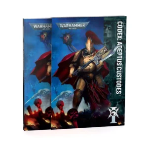Three-quarter front view of the Codex: Adeptus Custodes (Anglais) army rulebook set against a clean white background. The cover artwork depicts a majestic Adeptus Custodes warrior in ornate gold armor with a crimson plume helmet and flowing red cloak, wielding a sharp guardian spear. The atmospheric artwork features smoky blue background tones above a row of smoldering skulls at the bottom. The top of the book displays the white "WARHAMMER 40,000" logo, while the title "CODEX: ADEPTUS CUSTODES" is printed vertically along the right dark border next to the white faction insignia at the bottom right.
