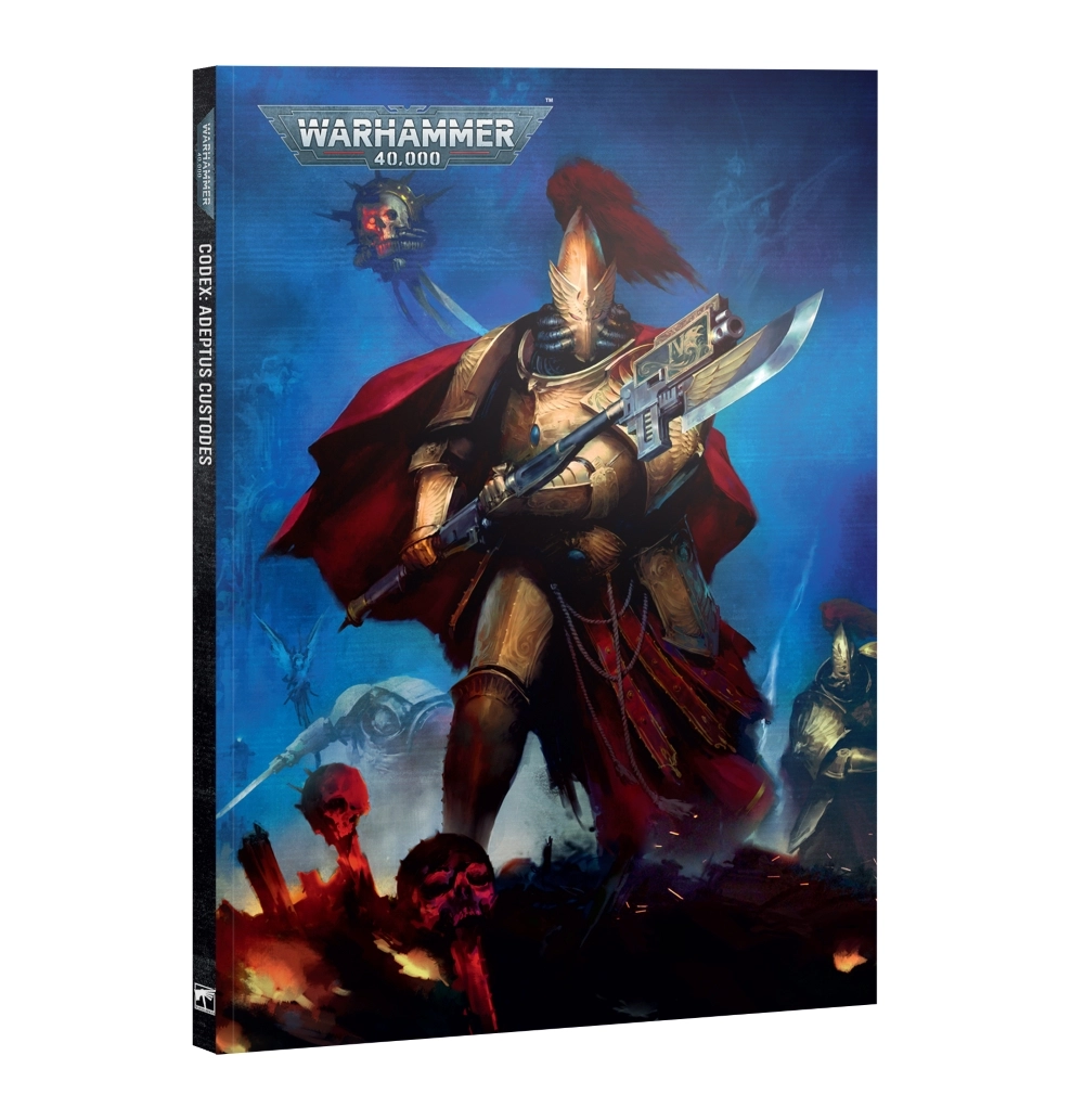 A 3D product view presenting the front cover and spine of Codex: Adeptus Custodes (Anglais) on a clean white background. The artwork depicts a majestic Custodian warrior clad in ornate golden armor, wearing a long flowing red cape and a helmet with a tall red plume, holding a guardian spear across his body. The silver "WARHAMMER 40,000" logo sits at the top center above a floating servo-skull, with skulls and battlefield ruins at the warrior's feet. The dark spine displays the title "CODEX: ADEPTUS CUSTODES" in white capital letters.