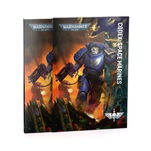 A 3D display showing the front cover of Codex: Space Marines (Anglais) for Warhammer 40,000. The cover artwork depicts a Space Marine in blue power armor advancing resolutely through a fiery battlefield surrounded by smoke and gothic ruins. The official "WARHAMMER 40,000" logo is located in the upper left corner. Running vertically along the right edge, the title "CODEX: SPACE MARINES" appears in bold white lettering. The white Imperial Aquila skull emblem is positioned in the lower right corner.