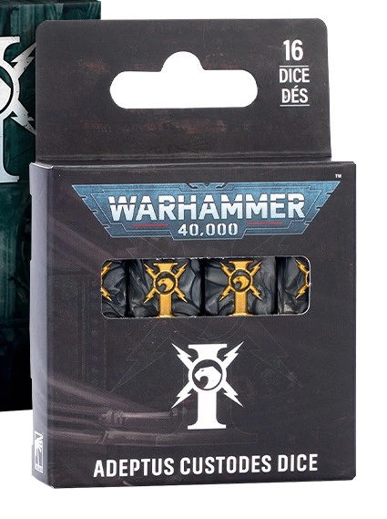 Vue de face du packaging officiel des Dés de l’Adeptus Custodes pour Warhammer 40,000. La boîte noire arbore le logo bleu argenté « WARHAMMER 40,000 » en haut ainsi que l'indication « 16 DICE / DÉS » dans le coin supérieur droit. Une fenêtre centrale transparente laisse apparaître une rangée de dés à l'effet marbré noir et gris, gravés d'un symbole doré. En dessous figure l'emblème blanc de l'Inquisition et de l'Adeptus Custodes, surmontant l'inscription « ADEPTUS CUSTODES DICE ».