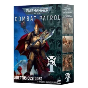 Vue en trois dimensions du packaging de la boîte d'armée Patrouille: Adeptus Custodes pour Warhammer 40,000. La face avant présente en haut le logo argenté « WARHAMMER 40,000 » suivi du titre « COMBAT PATROL ». L'illustration principale met en scène un guerrier de la garde impériale en armure d'or et cape rouge brandissant une lance énergétique sur un fond bleu nuit gothique. Le bas de la boîte porte l'inscription « ADEPTUS CUSTODES » et la mention « 11 CITADEL MINIATURES/FIGURINES ». La tranche latérale droite présente trois vignettes montrant les figurines incluses ainsi que l'intitulé en français « PATROUILLE: ADEPTUS CUSTODES ».