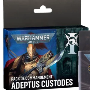 Vue de face du packaging officiel du Pack de Commandement de l’Adeptus Custodes pour Warhammer 40,000. La boîte présente en haut à gauche le logo bleu argenté « WARHAMMER 40,000 » au-dessus de l'illustration d'un guerrier Custodien en armure d'or avec un casque à haut cimier rouge et une lance énergétique. Le côté droit montre un fond gothique sombre orné du symbole blanc de l'Adeptus Custodes. La partie inférieure indique clairement le titre du produit en lettres blanches « PACK DE COMMANDEMENT ADEPTUS CUSTODES ».