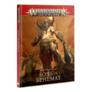 Hardcover book cover for the Destruction Battletome: Sons of Behemat in English for Warhammer Age of Sigmar. The central artwork features a colossal bearded Gargant roaring as he holds a heavy stone club, set against a warm background of fiery orange and earth tones. The golden Warhammer Age of Sigmar logo rests above the artwork, with the titles "DESTRUCTION BATTLETOME" and "SONS OF BEHEMAT" printed in bold white capital letters at the bottom of the cover.