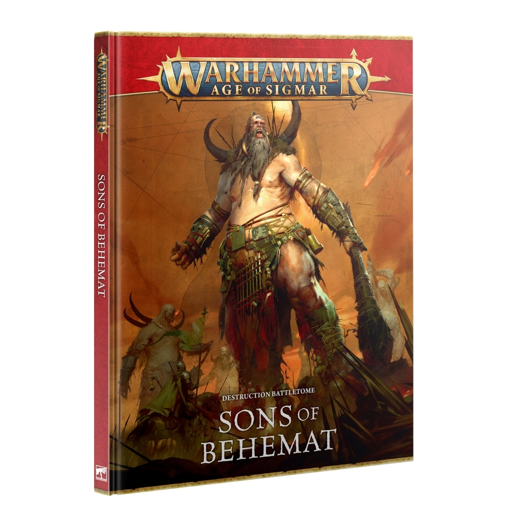 Hardcover book cover for the Destruction Battletome: Sons of Behemat in English for Warhammer Age of Sigmar. The central artwork features a colossal bearded Gargant roaring as he holds a heavy stone club, set against a warm background of fiery orange and earth tones. The golden Warhammer Age of Sigmar logo rests above the artwork, with the titles "DESTRUCTION BATTLETOME" and "SONS OF BEHEMAT" printed in bold white capital letters at the bottom of the cover.