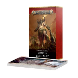 Boîte de jeu et paquet de cartes de référence pour Warhammer Age of Sigmar. La boîte verticale aux teintes rouges et dorées arbore le logo officiel du jeu en haut, surplombant l'illustration d'un colossal géant Gargant armé d'une masse. Les inscriptions textuelles indiquent « CARTES DE CHARTES » et « SONS OF BEHEMAT ». Un paquet contenant les Cartes de Charte: Sons of Behemat repose à plat devant la boîte.