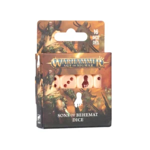 Boîte de rangement du jeu de Dés des Fils de Béhémat pour le jeu Warhammer Age of Sigmar. L'emballage cartonné aux teintes ambrées et orangées présente le logo officiel doré Warhammer Age of Sigmar sur sa face avant. Une fenêtre transparente centrale laisse entrevoir des dés couleur crème aux points rouge foncé. La boîte affiche la mention « 16 DICE DÉS » dans le coin supérieur et l'inscription « SONS OF BEHEMAT DICE » au bas de la face avant, sous une icône d'empreinte de pied blanche. L'illustration d'arrière-plan met en scène un Gargant colossal tenant une masse de pierre.