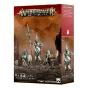 Boîte d'emballage officielle affichant le logo rouge et doré « Warhammer Age of Sigmar » en haut. L'illustration centrale présente la figurine de Ma Maegran, Éleveuse de Grands, une colosse au teint pâle vêtue de parures turquoise et tenant une imposante arme d'hast ornementée. Elle est entourée de deux créatures quadrupèdes trapues dotées de cornes courbées, sur un sol rocheux et désertique sous un ciel aux teintes rosées. Les inscriptions en bas de la boîte précisent la faction « Sons of Behemat » et le titre du produit, accompagné de l'indication de trois figurines Citadel incluses.