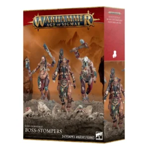Boîte de jeu d'unité pour Warhammer Age of Sigmar. Sur un fond de paysage rocheux et désertique, l'illustration met en scène trois colossaux géants Gargants armés de massues et de marteaux de pierre, vêtus de pièces de cuir, de chaînes et d'ossements. Le logo doré Warhammer Age of Sigmar surplombe la face avant, tandis que le nom de faction « SONS OF BEHEMAT » et la mention « BOSS-STOMPERS » figurent au bas de la boîte à côté de l'indication « 3 CITADEL MINIATURES/FIGURINES ». Le panneau latéral rouge affiche l'icône d'empreinte de pied ainsi que la désignation française Piétine-boss.
