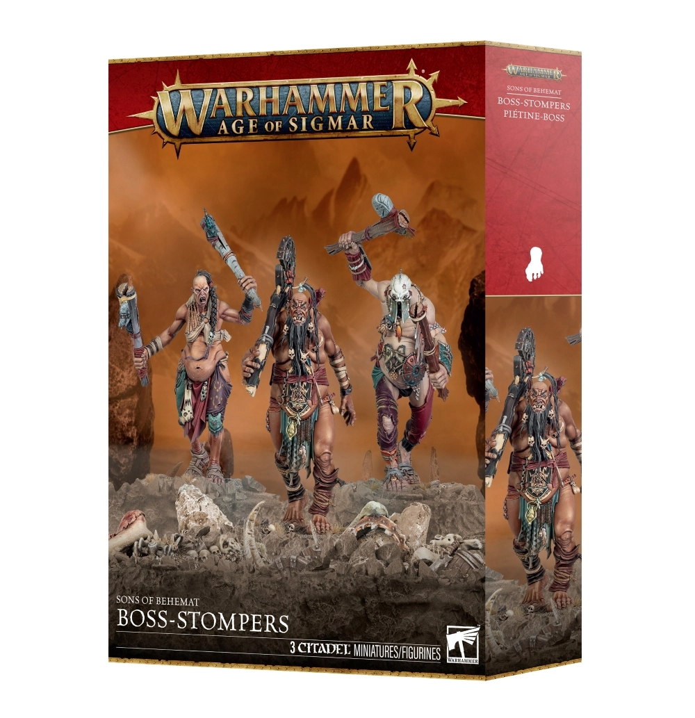 Boîte de jeu d'unité pour Warhammer Age of Sigmar. Sur un fond de paysage rocheux et désertique, l'illustration met en scène trois colossaux géants Gargants armés de massues et de marteaux de pierre, vêtus de pièces de cuir, de chaînes et d'ossements. Le logo doré Warhammer Age of Sigmar surplombe la face avant, tandis que le nom de faction « SONS OF BEHEMAT » et la mention « BOSS-STOMPERS » figurent au bas de la boîte à côté de l'indication « 3 CITADEL MINIATURES/FIGURINES ». Le panneau latéral rouge affiche l'icône d'empreinte de pied ainsi que la désignation française Piétine-boss.