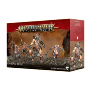 Grande boîte de jeu pour Warhammer Age of Sigmar mettant en scène la Tribu de Piétineurs. Sur une illustration au décor de rochers arides jonché d'ossements, quatre colossaux géants Gargants se tiennent debout, armés de troncs d'arbres, de massues de pierre et de chaînes. Le logo officiel doré Warhammer Age of Sigmar surplombe la scène, tandis que le bas de la face avant indique « SONS OF BEHEMAT » et « STOMPER TRIBE » à côté de la mention « 4 CITADEL MINIATURES/FIGURINES ». Le panneau latéral rouge comporte une icône d'empreinte de pied blanche sous le titre français Tribu de Piétineurs.