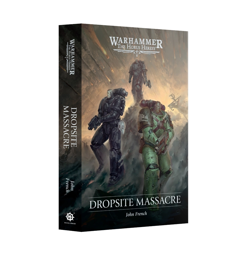 A 3D product view displaying the front cover and spine of Dropsite Massacre (Paperback) (Anglais). The front cover art features the "WARHAMMER THE HORUS HERESY" logo at the top over an illustration of Space Marines in battle-damaged green and dark grey power armor marching across a desolate, ruinous battlefield filled with smoke and falling orbital debris. The title "DROPSITE MASSACRE" is prominently displayed near the bottom in white capital letters above author "John French". The spine displays the book title, author's name, Horus Heresy branding, and the Black Library logo at the base.