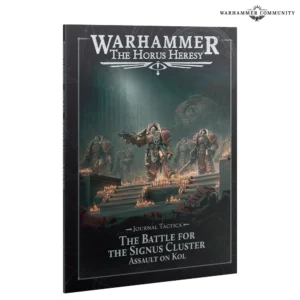 A perspective product view of the front cover of the campaign book Journal Tactica – The Battle for the Signus Cluster: Assault on Kol (Anglais) presented against a clean white background. At the top, the prominent logo reads "WARHAMMER THE HORUS HERESY". The dark, atmospheric cover art depicts armored Space Marine Terminators advancing down a candle-lit stone staircase alongside an enormous Dreadnought looming in the background. The lower portion displays the title text "Journal Tactica - THE BATTLE FOR THE SIGNUS CLUSTER - ASSAULT ON KOL".