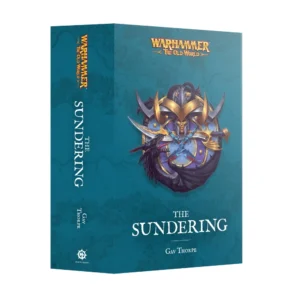 3D product view showing the front cover and spine of The Sundering (Paperback) (Anglais) omnibus book by Gav Thorpe. The teal book cover features the "WARHAMMER THE OLD WORLD" logo in gold lettering at the top. The central artwork displays an ornate shield emblem depicting a helmeted High Elf warrior flanked by a black dragon and golden ornamentation. The title "THE SUNDERING" is prominently displayed in white serif font above the author's name "GAV THORPE". The spine repeats the logos, title, author, and the Black Library symbol at the bottom.