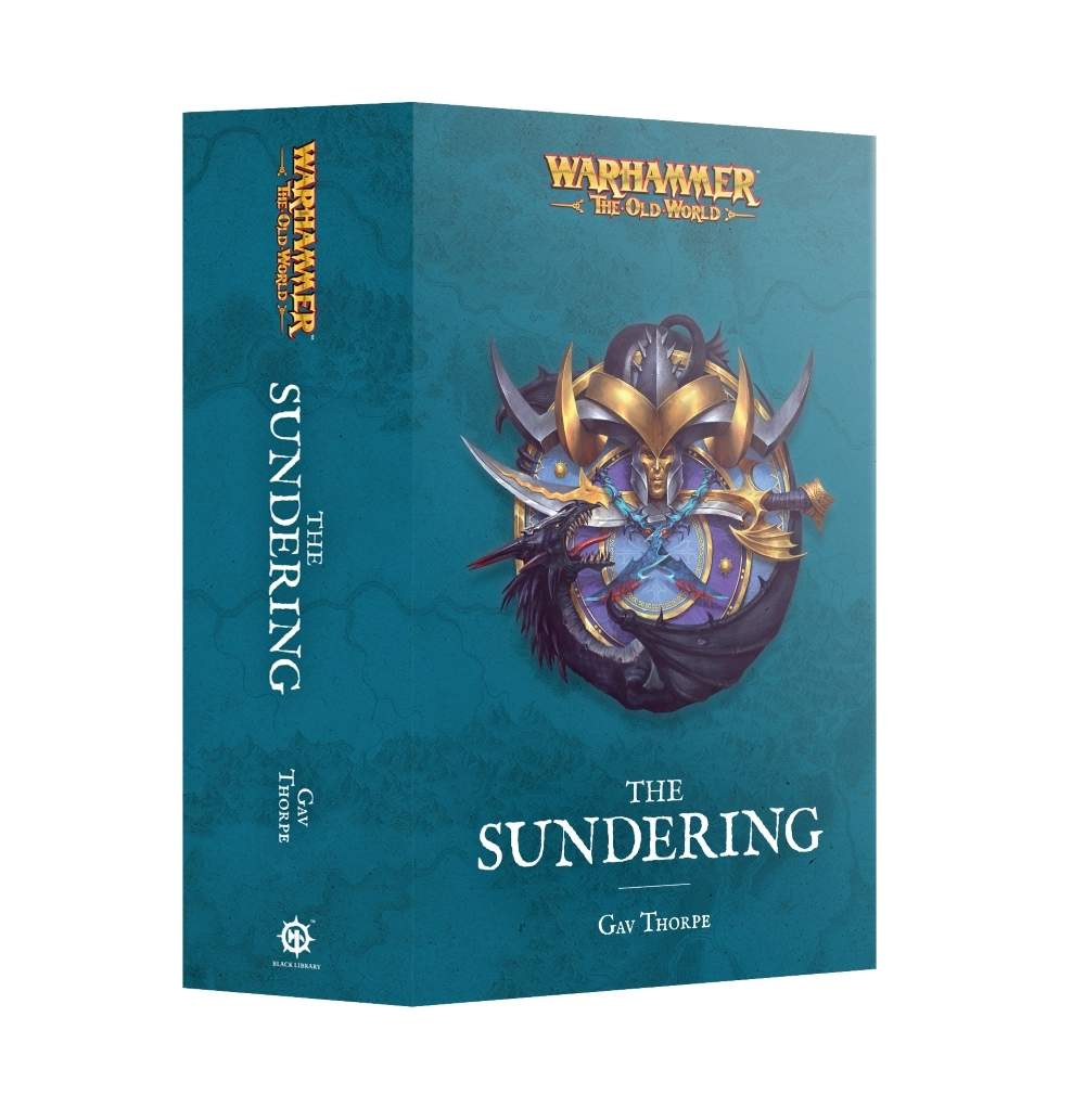 3D product view showing the front cover and spine of The Sundering (Paperback) (Anglais) omnibus book by Gav Thorpe. The teal book cover features the "WARHAMMER THE OLD WORLD" logo in gold lettering at the top. The central artwork displays an ornate shield emblem depicting a helmeted High Elf warrior flanked by a black dragon and golden ornamentation. The title "THE SUNDERING" is prominently displayed in white serif font above the author's name "GAV THORPE". The spine repeats the logos, title, author, and the Black Library symbol at the bottom.